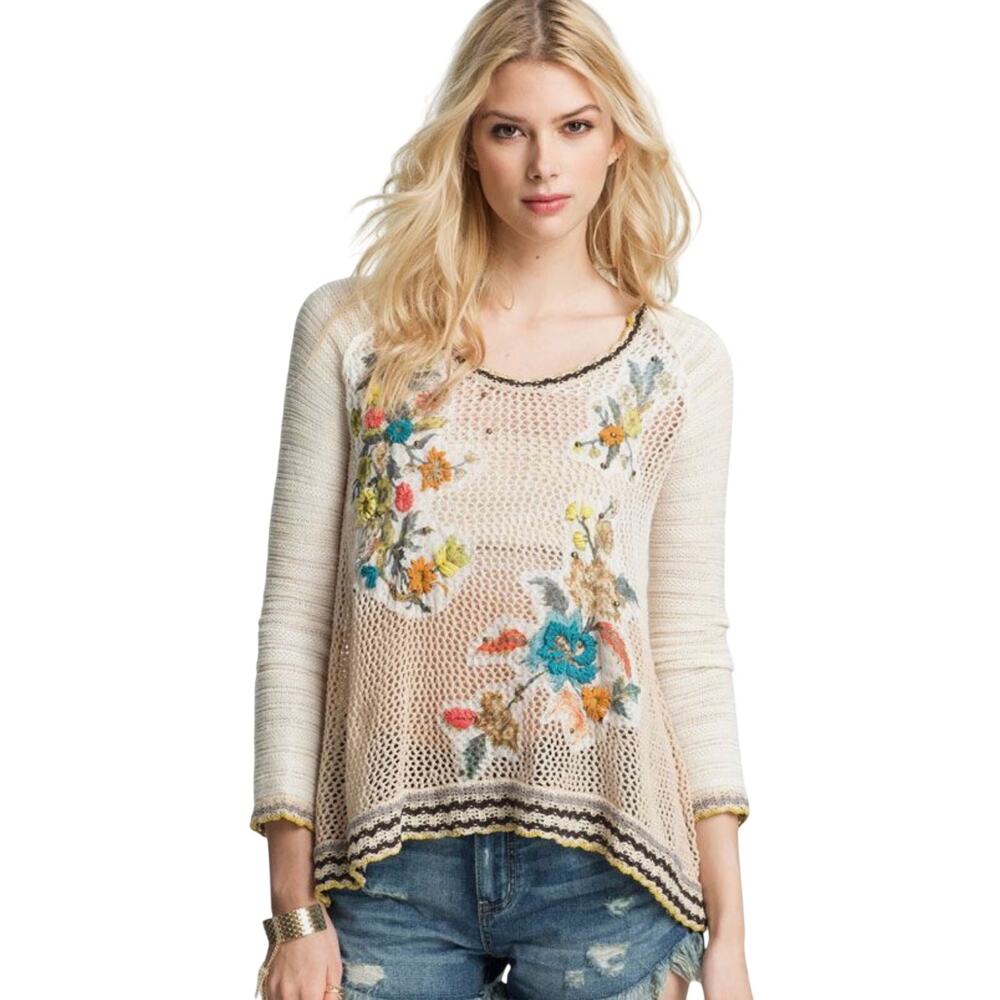 Free People Menagerie Embroidered Crochet Hood Sweater Large Excellent Conditon